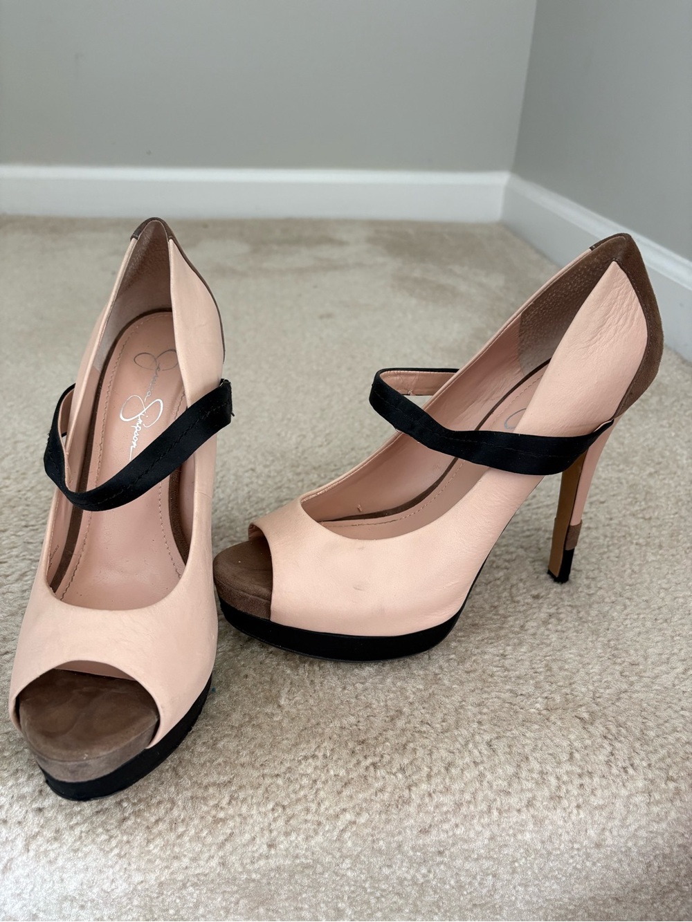 Jessica Simpson Blush Pink and Black Peep-Toe Mary Jane Heels